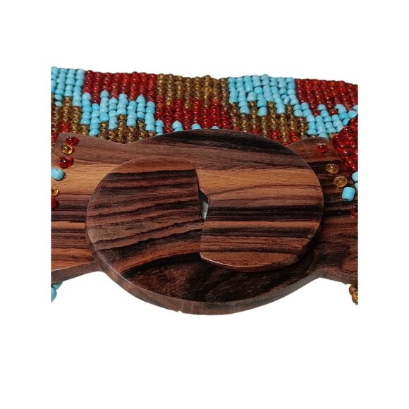 Wide Belt Stretch Blue Red Brown Beaded Boho Tribal Stretchy Wooden Buckle 28\